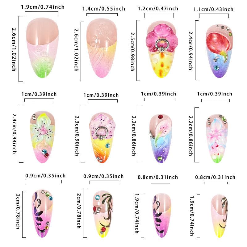 SEENEEY Long Press on Nails Almond Fake Nails Flowers Colorful Artificial Nail with Rhinestone Designs Stick on Nail for Women 24pcs - Image 2